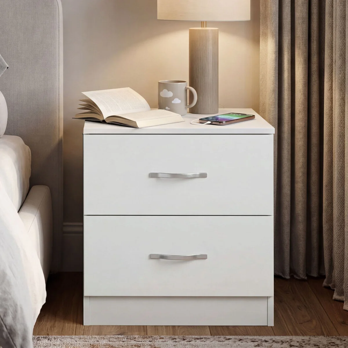 Bedside Table 2 Drawer Metal Handles Runners White Bedroom Cabinet - White – image 3