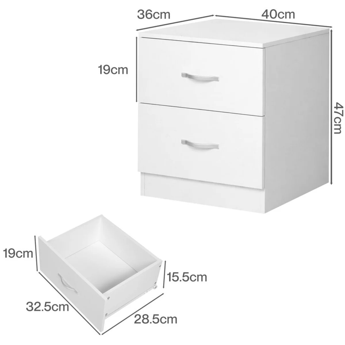 Bedside Table 2 Drawer Metal Handles Runners White Bedroom Cabinet - White – image 6