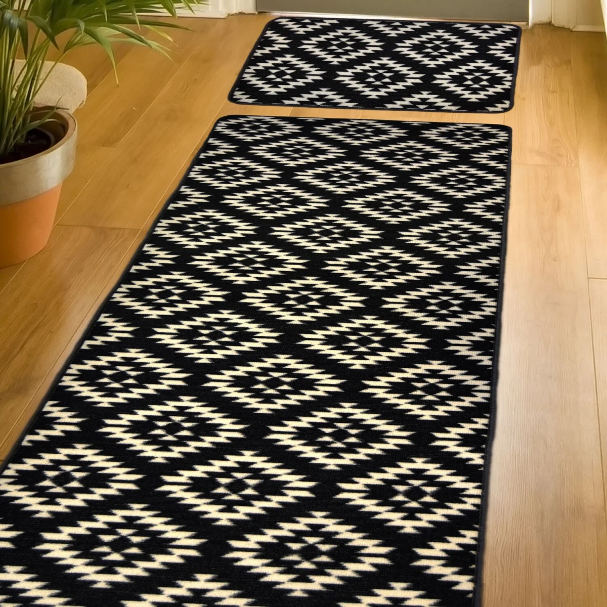 Black Aztec Non Slip, Washable Runner and Doormat Set - - Black