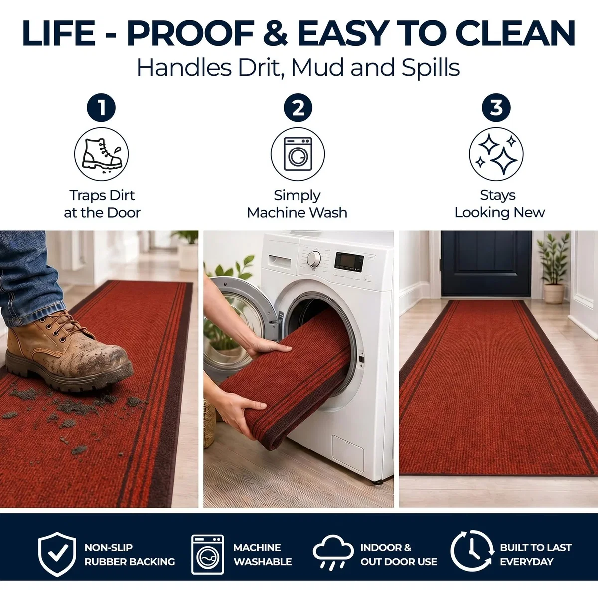 Sydney Non Slip Hallway Runner - Red / 152cm – image 6
