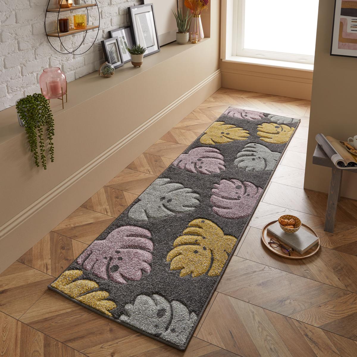 Portland 7155 D Carved Leaf Runner Rugs in Charcoal Grey Yellow Green Pink – image 2