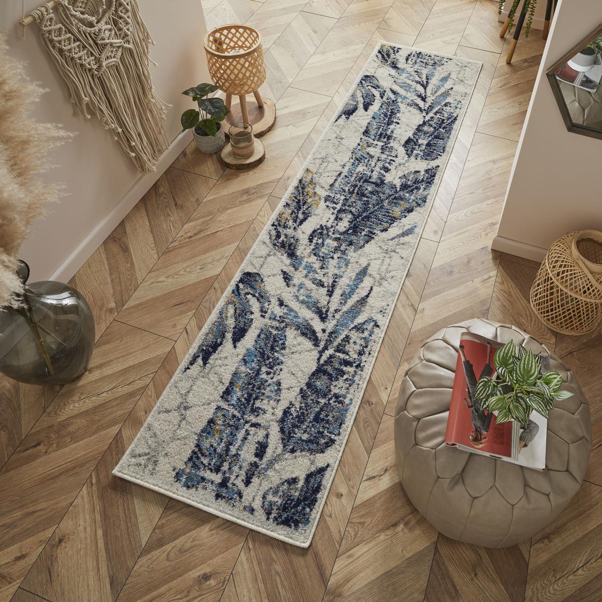 Gilbert 3 W Distressed Leaf Runner Rugs in Blue Grey Cream – image 1