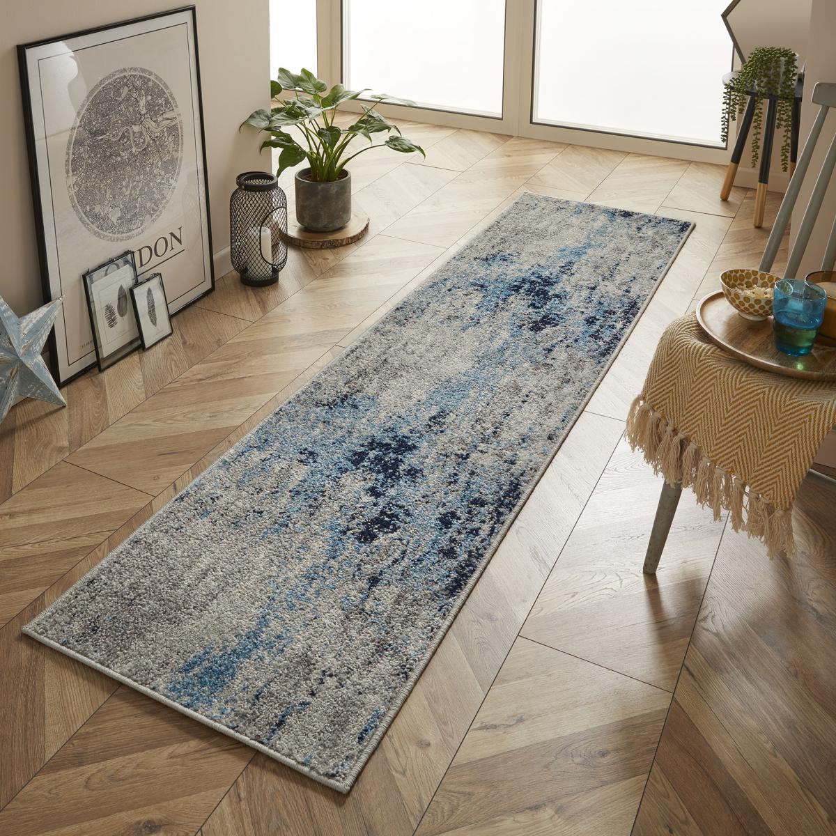 Gilbert 90 L Distressed Abstract Runner Rugs in Blue Grey Cream – image 1