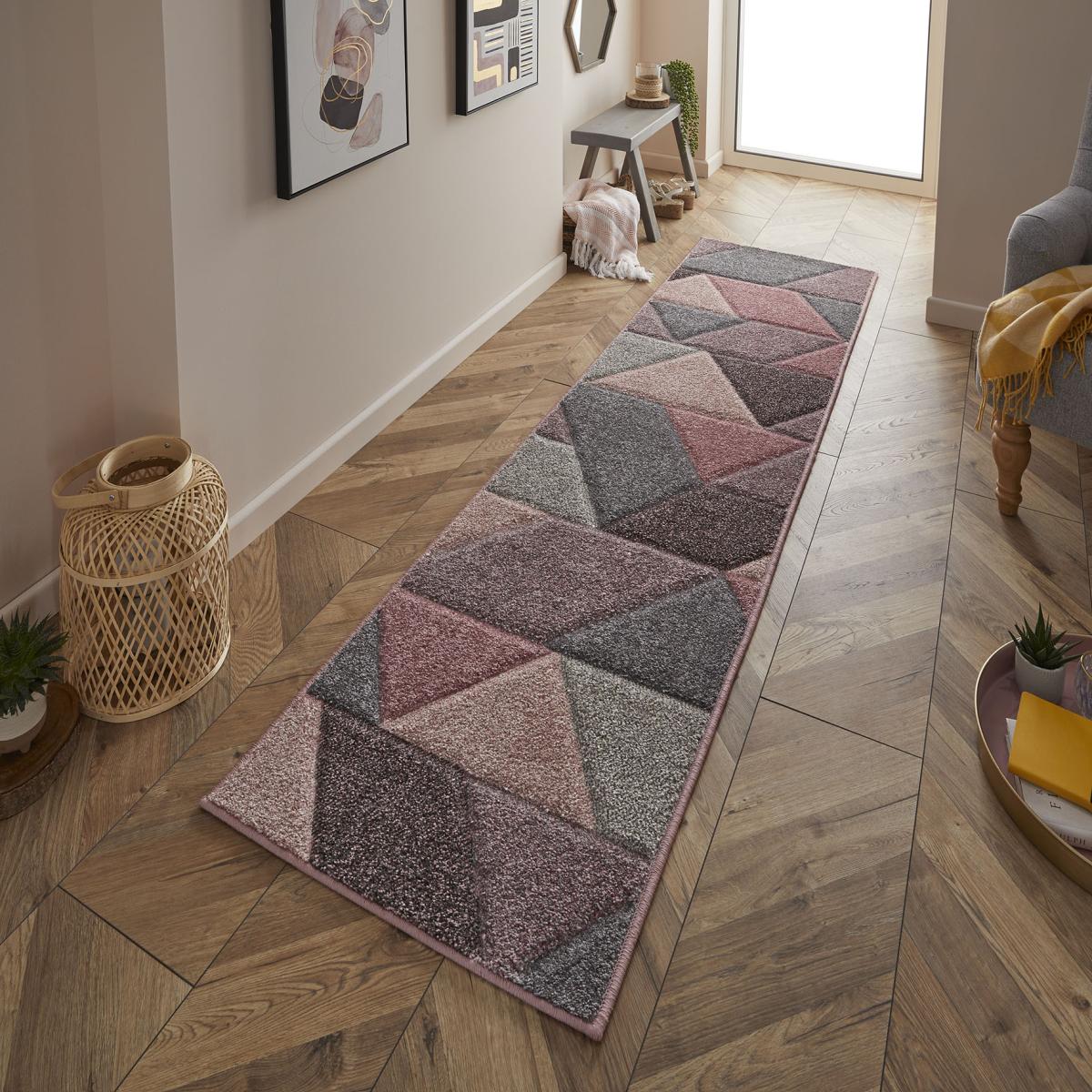 Portland 670 P Geometric Runner Rugs in Pink Grey Cream – image 1