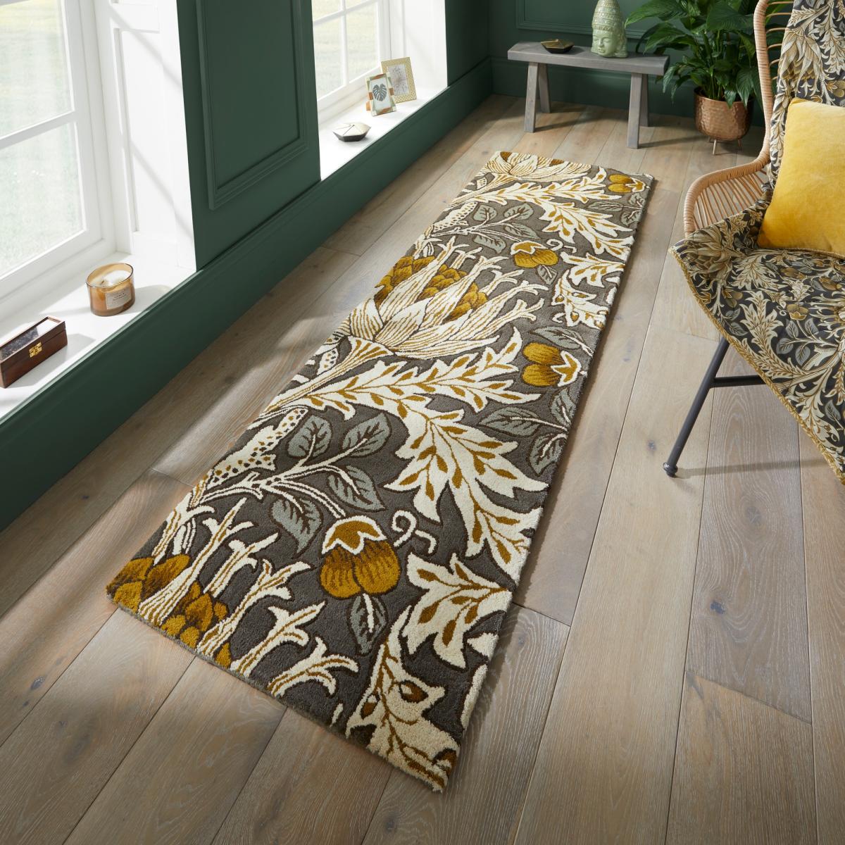 Artichoke Runner Rugs 127105 in Charcoal Mustard By William Morris – image 1