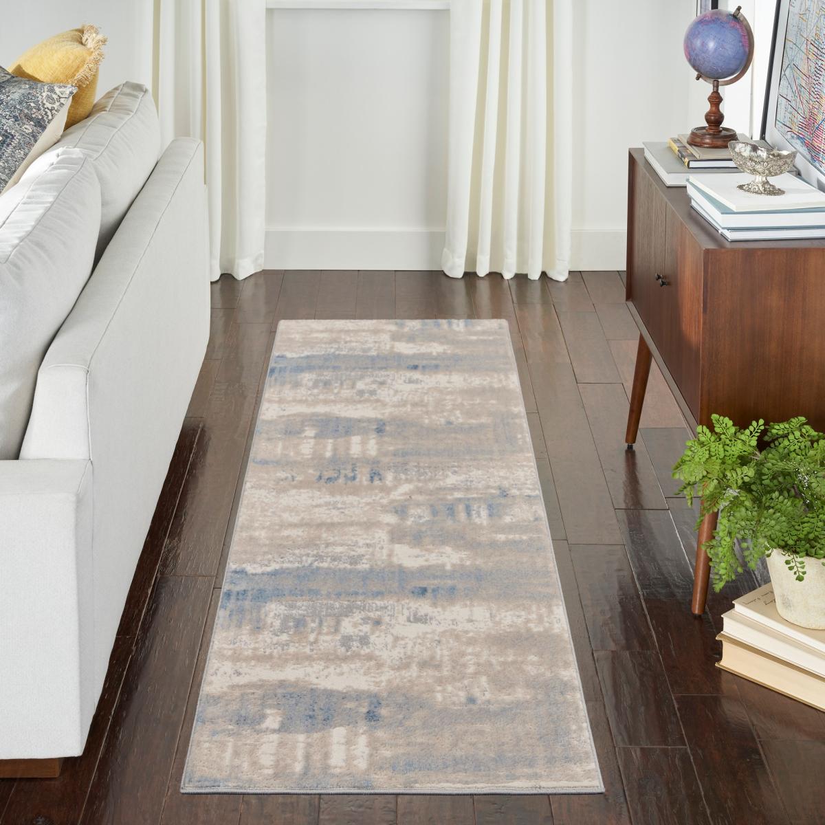 Solace SLA07 Distressed Abstract Runner Rug in Ivory Grey Blue – image 1