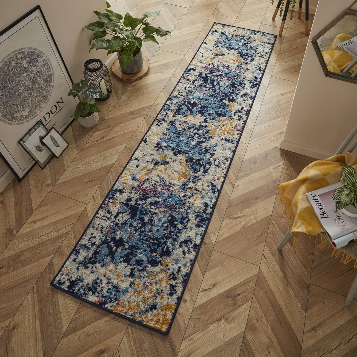Gilbert 531 B Distressed Abstract Runner Rugs in Blue Grey Mustard – image 2