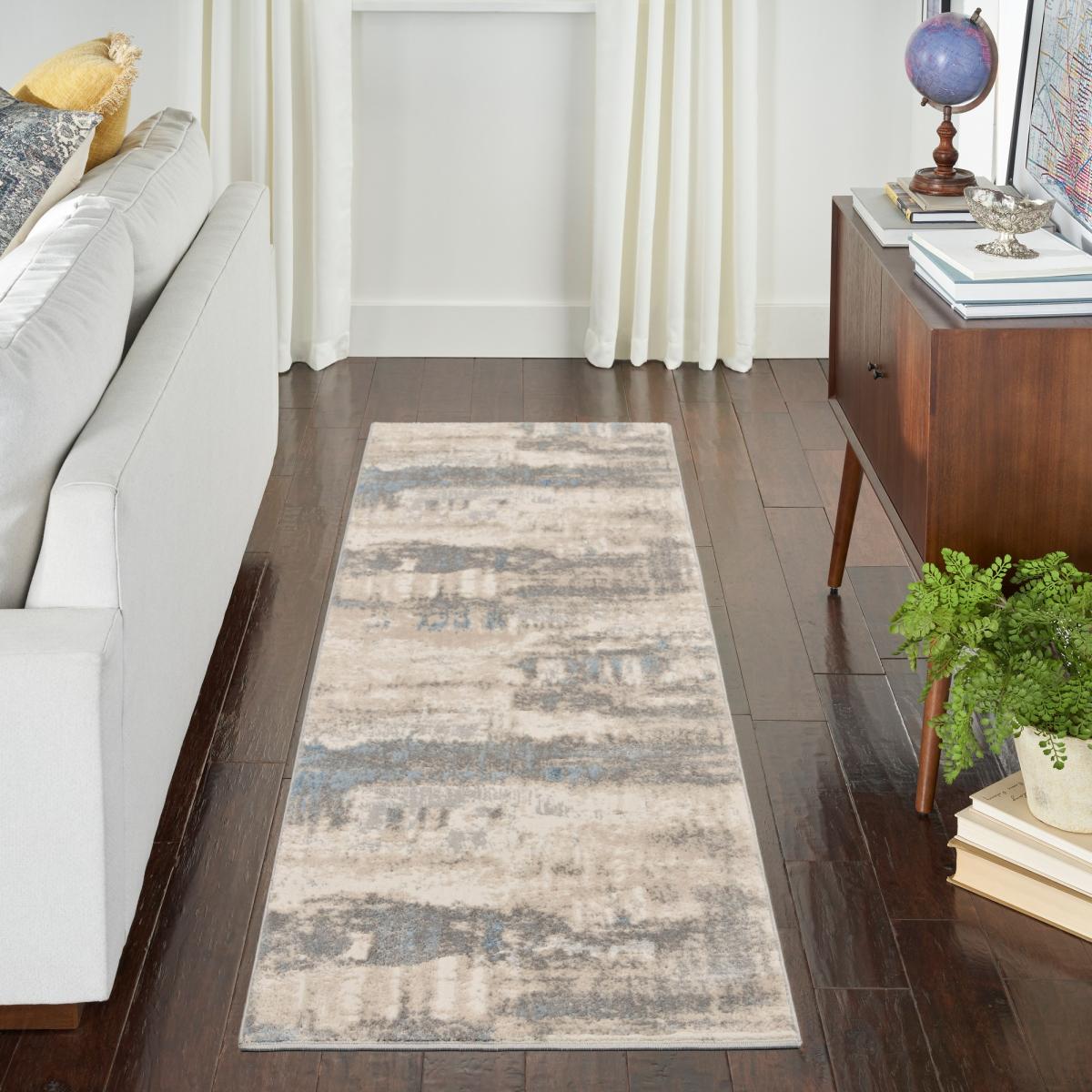 Solace SLA08 Distressed Abstract Runner Rug in Ivory Grey Blue – image 1