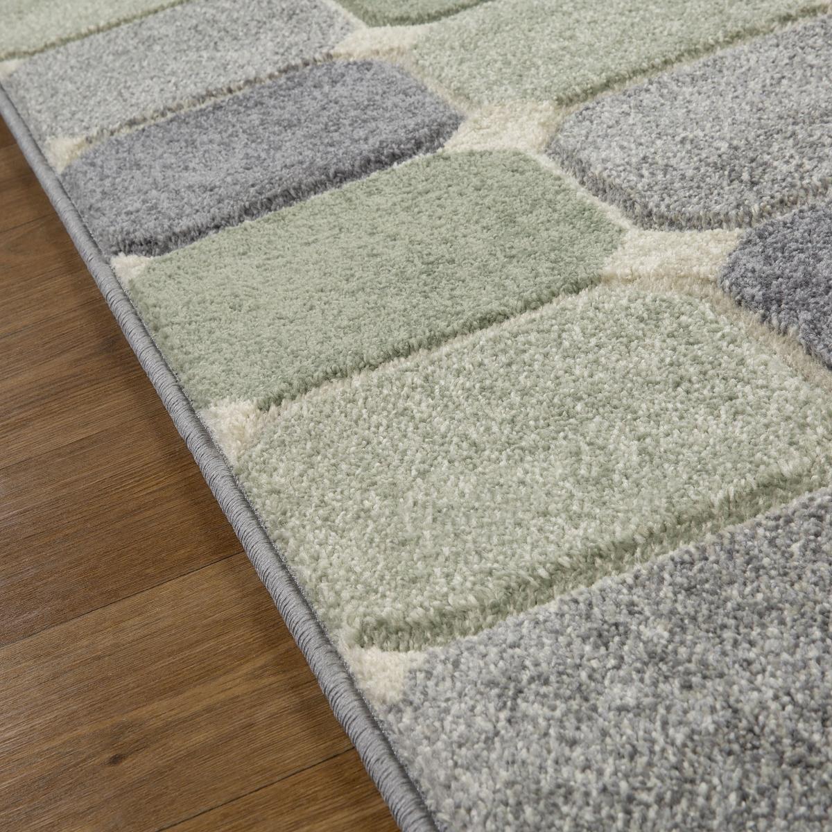 Portland 172 G Geometric Block Runner Rugs in Green Grey Cream – image 2