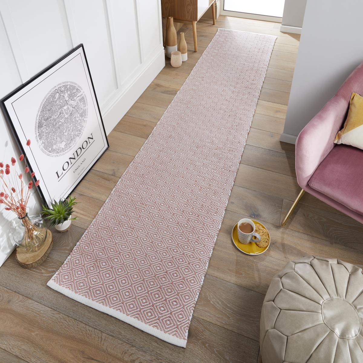 Brittany Flatweave Indoor Outdoor Diamond Runner Rug in Rose Pink