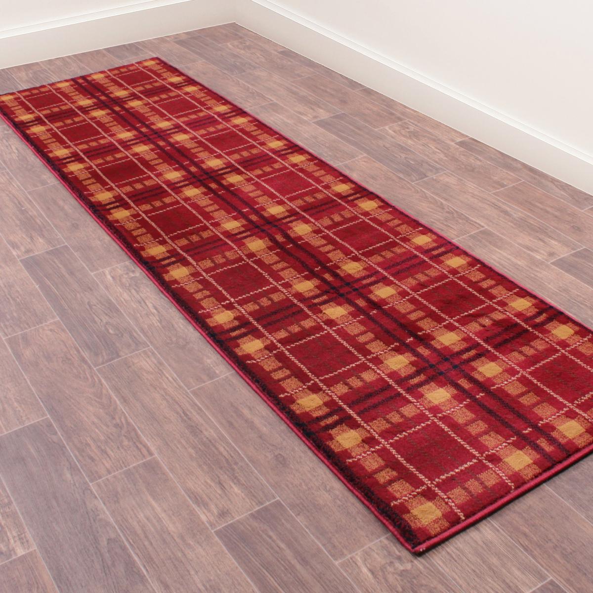 Tartan Check Modern Runner Rugs in Red – image 1