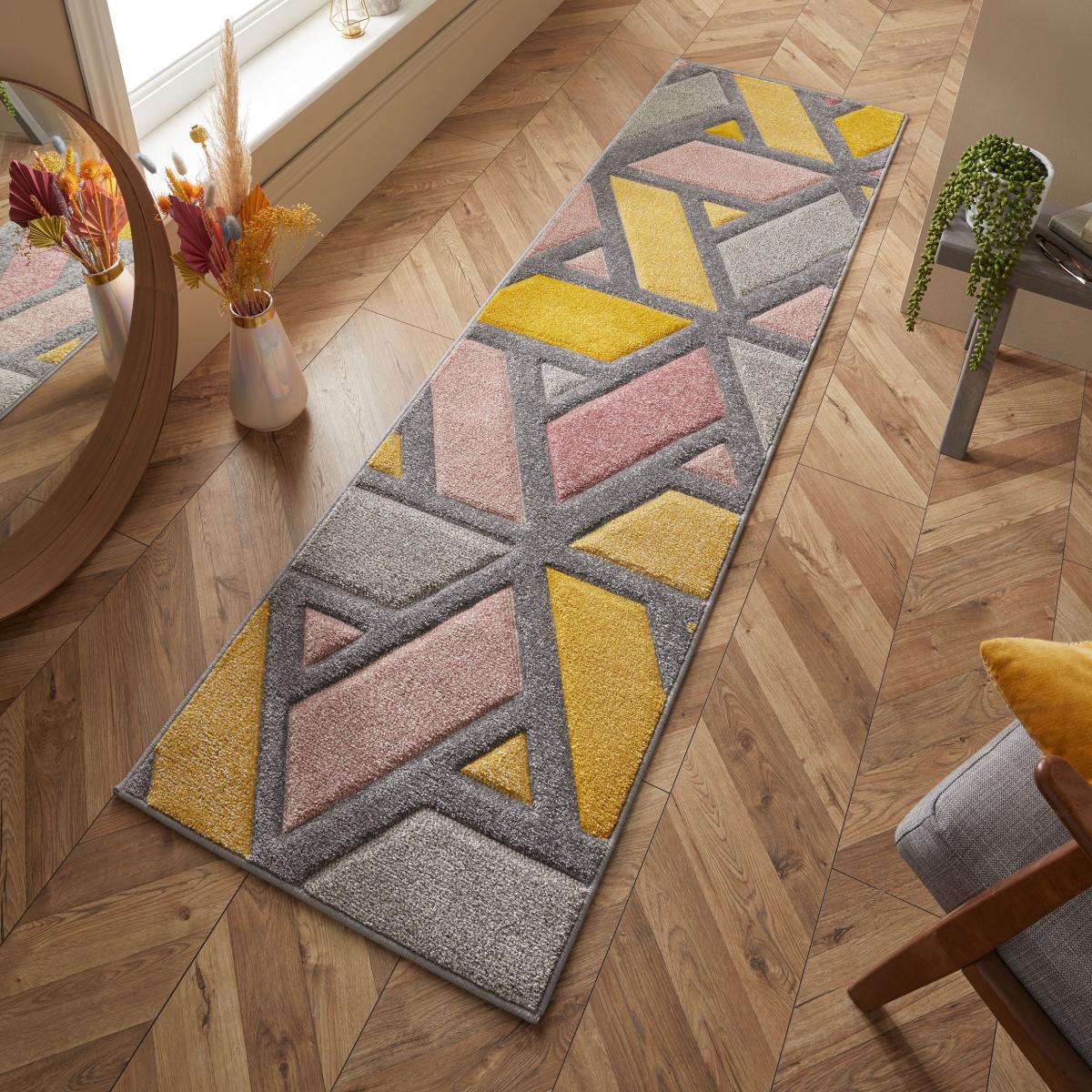 Portland 5153 U Geometric Carved Runner Rugs in Yellow Pink Grey Cream – image 1