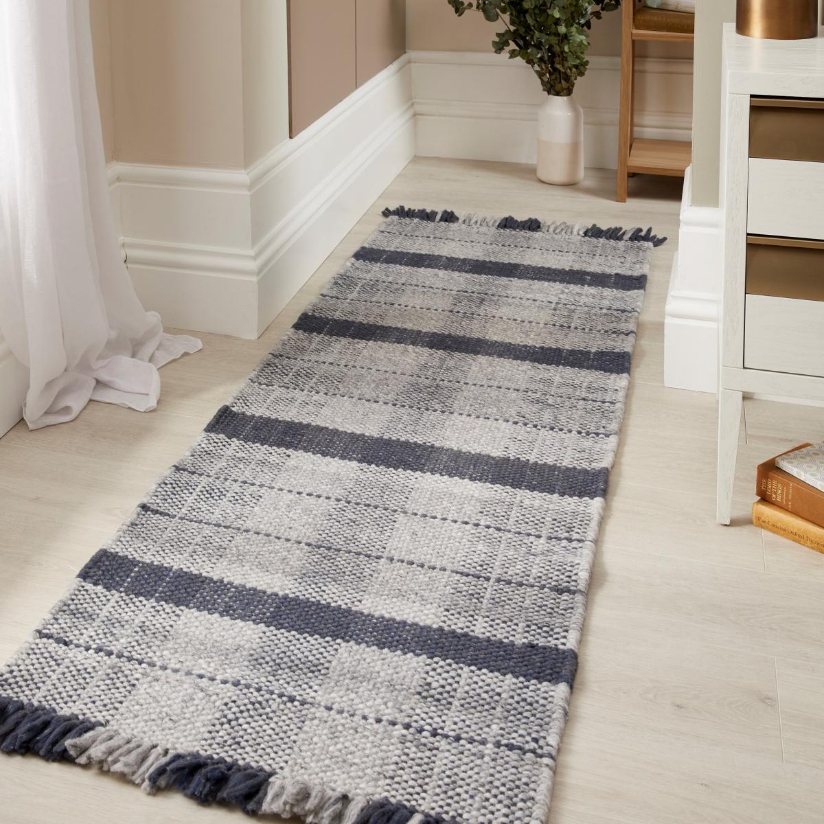 Highland Check Tartan Recycled Runner Rugs in Navy Blue – image 2
