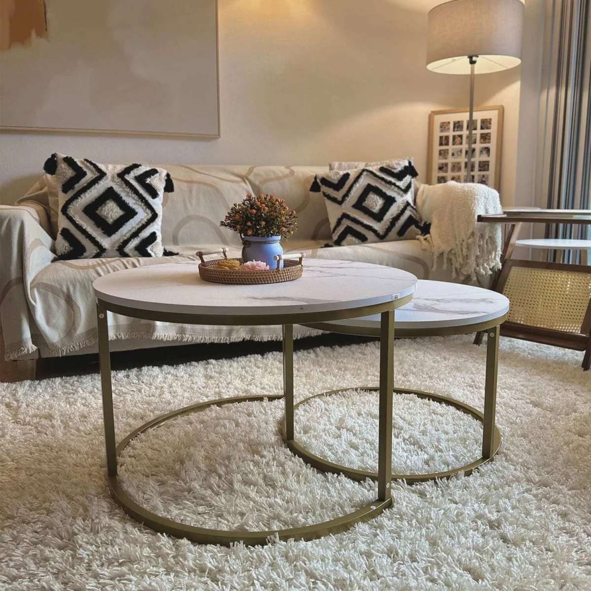 Dividi Metal and Wood White Set of 2 Round Nesting Side Tables – image 2