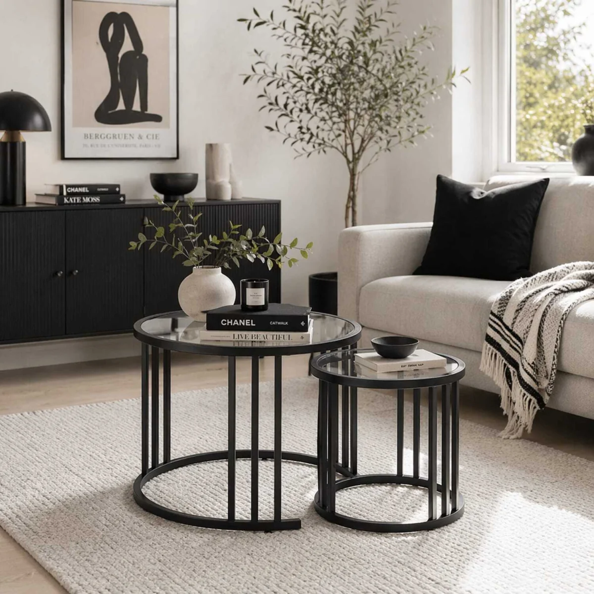 Kane Set of 2 Black Round Nesting Tables, Metal Frame with Tempered Glass Tops – image 2