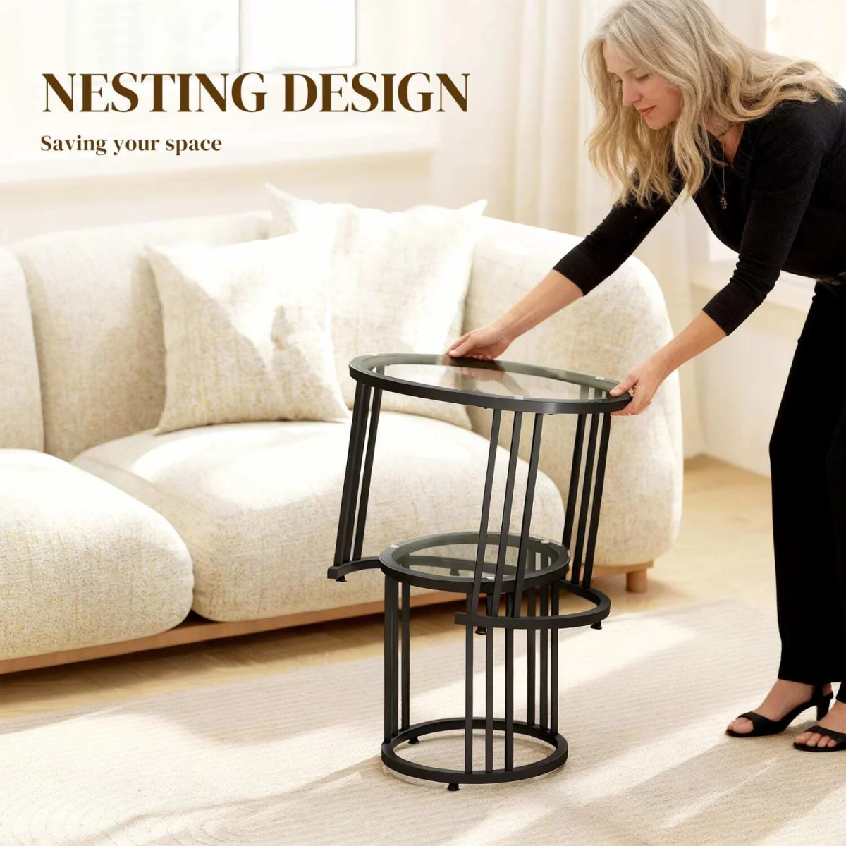 Kane Set of 2 Black Round Nesting Tables, Metal Frame with Tempered Glass Tops – image 3