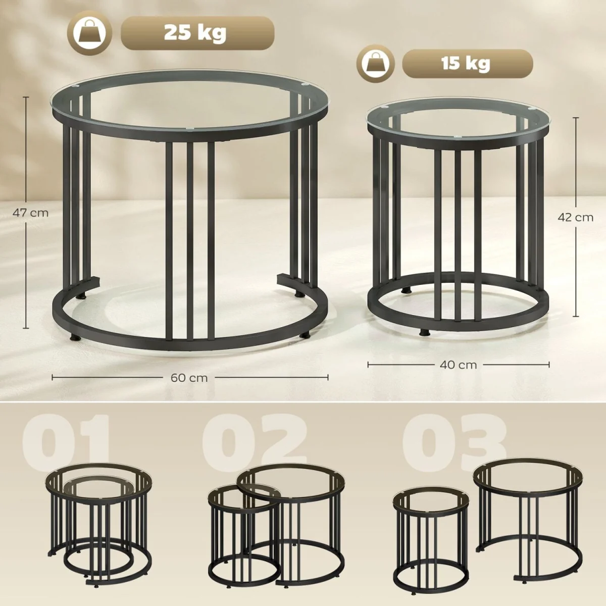 Kane Set of 2 Black Round Nesting Tables, Metal Frame with Tempered Glass Tops – image 4