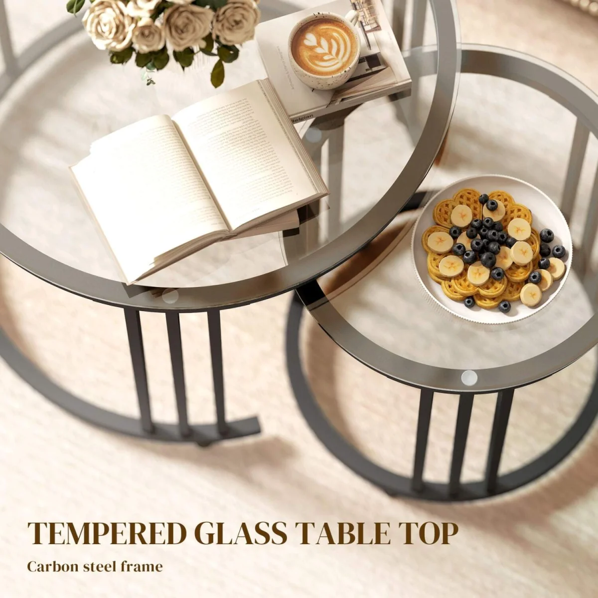 Kane Set of 2 Black Round Nesting Tables, Metal Frame with Tempered Glass Tops – image 5