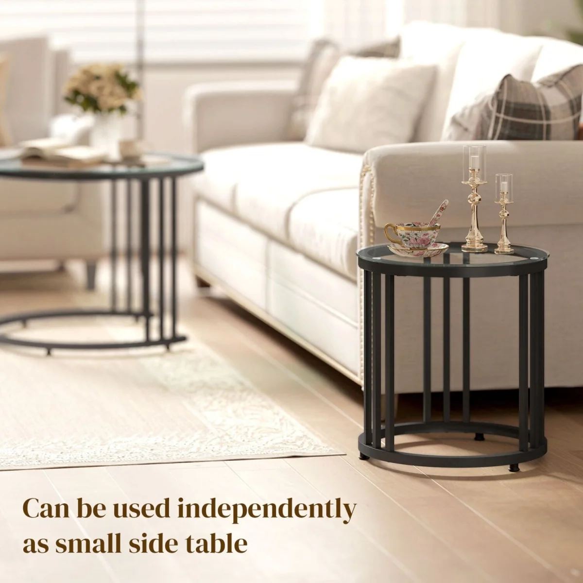 Kane Set of 2 Black Round Nesting Tables, Metal Frame with Tempered Glass Tops – image 6