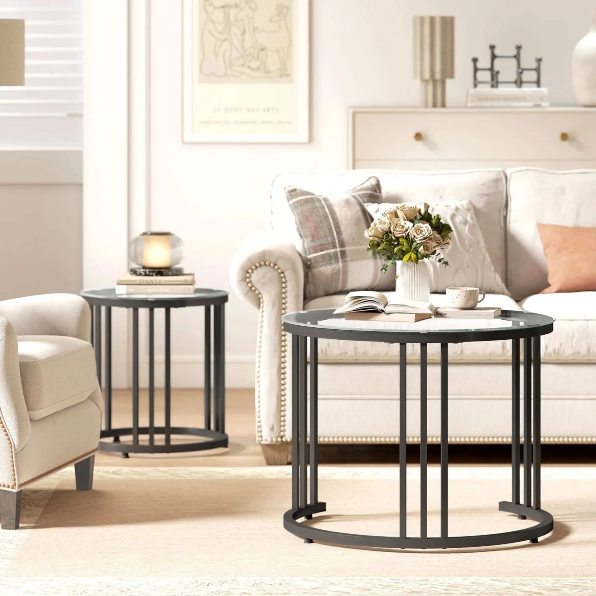 Kane Set of 2 Black Round Nesting Tables, Metal Frame with Tempered Glass Tops – image 7