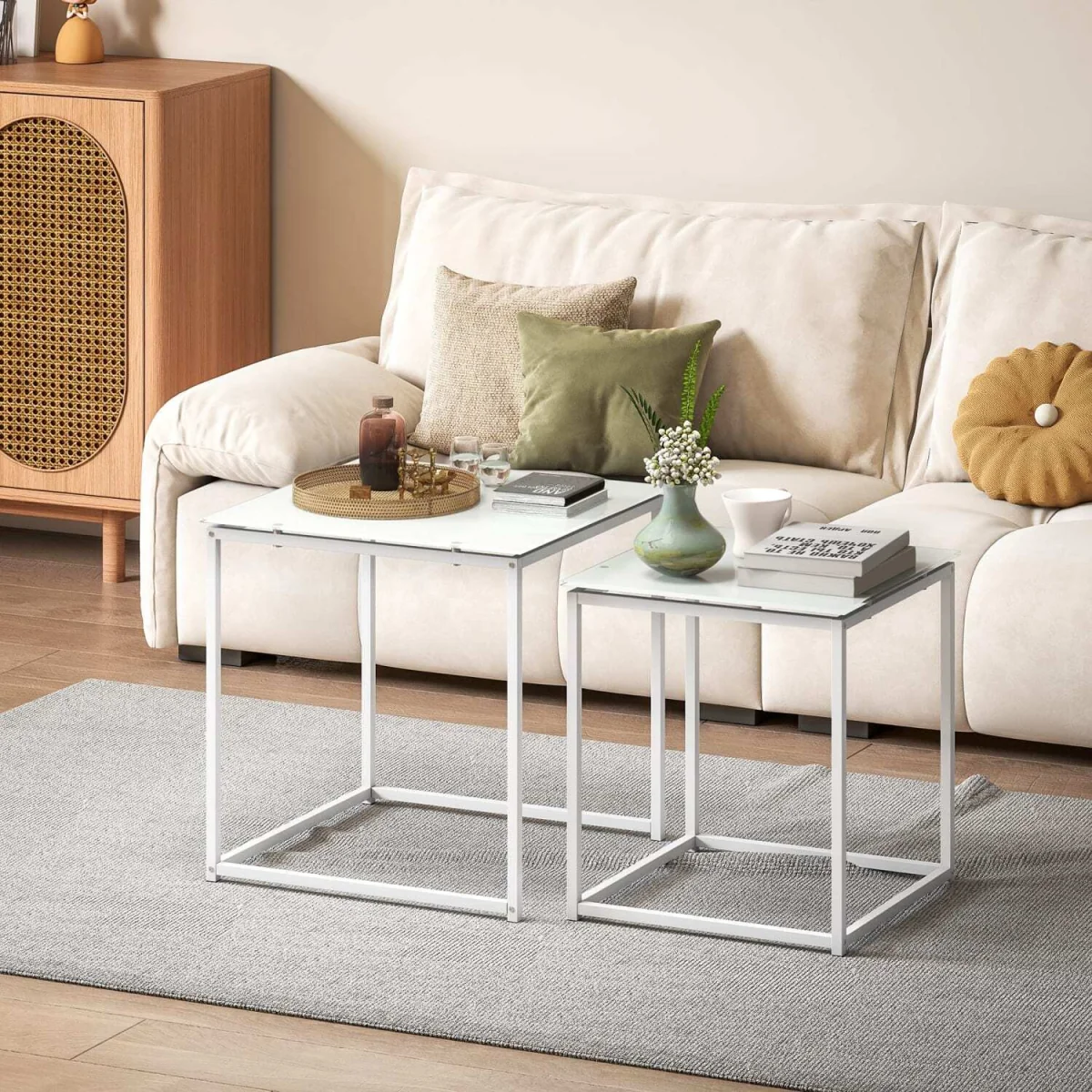 Lenoni Metal and Glass White Set of 2 Nesting Tables with Tempered Glass Tops – image 3