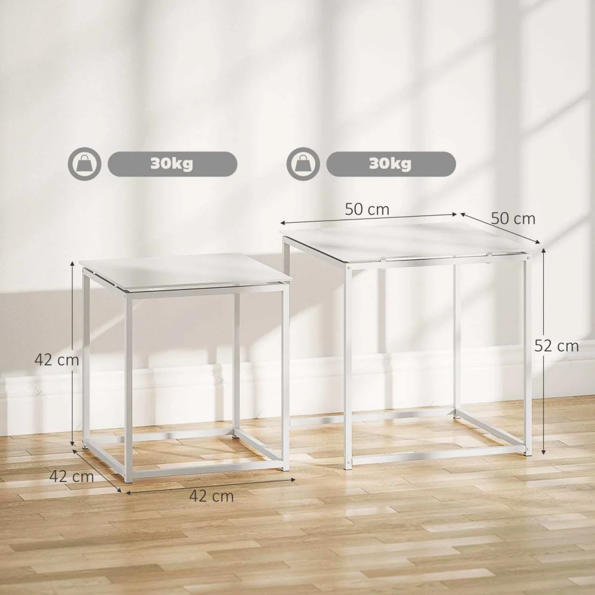 Lenoni Metal and Glass White Set of 2 Nesting Tables with Tempered Glass Tops – image 4