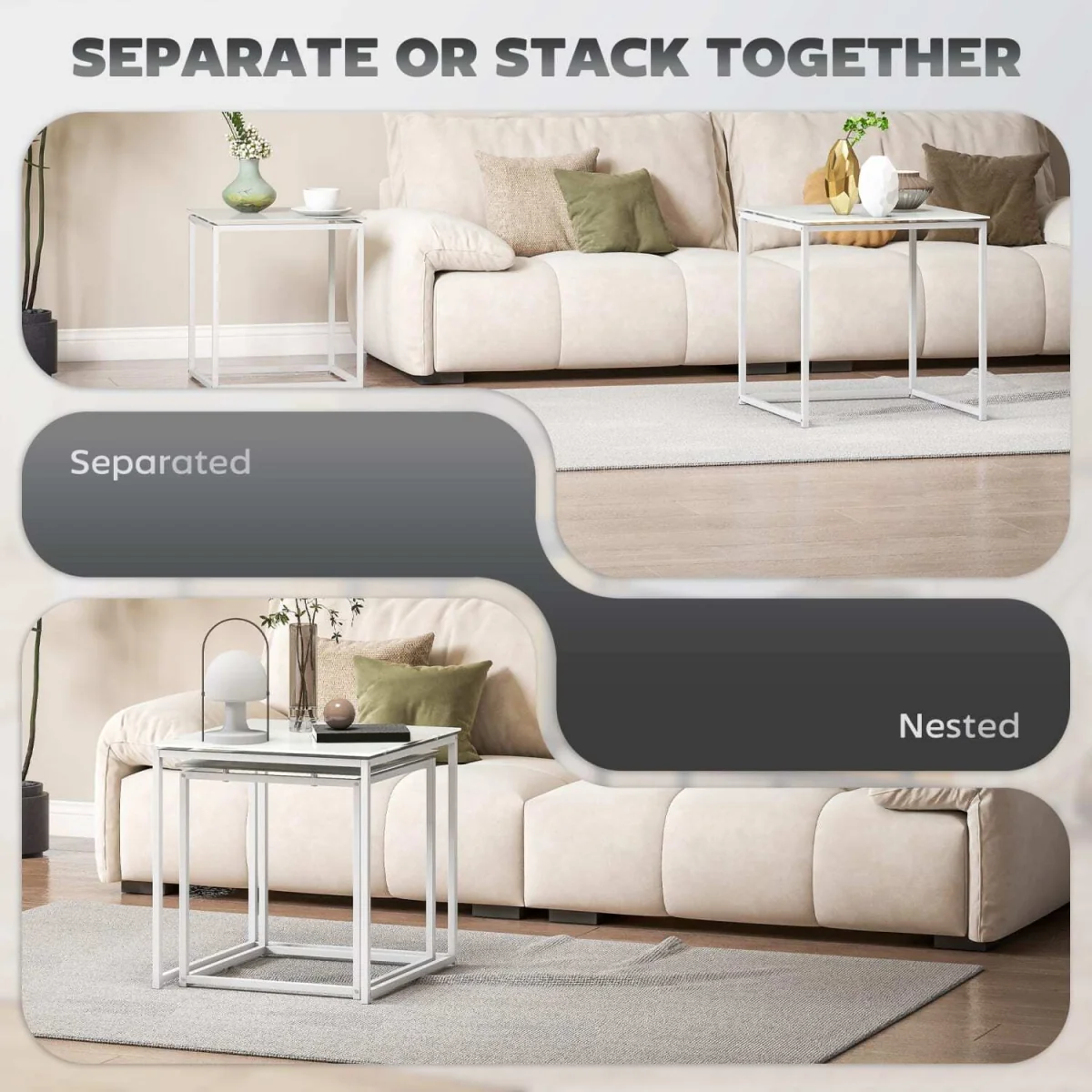 Lenoni Metal and Glass White Set of 2 Nesting Tables with Tempered Glass Tops – image 5