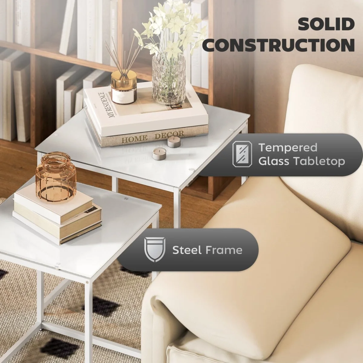 Lenoni Metal and Glass White Set of 2 Nesting Tables with Tempered Glass Tops – image 6