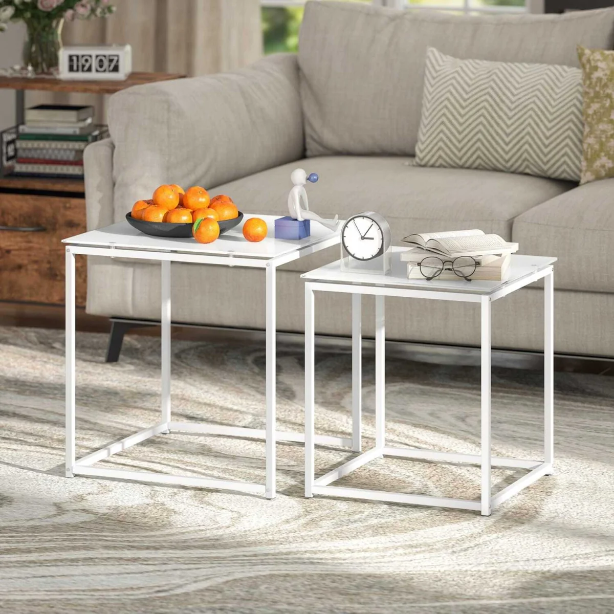 Lenoni Metal and Glass White Set of 2 Nesting Tables with Tempered Glass Tops – image 9