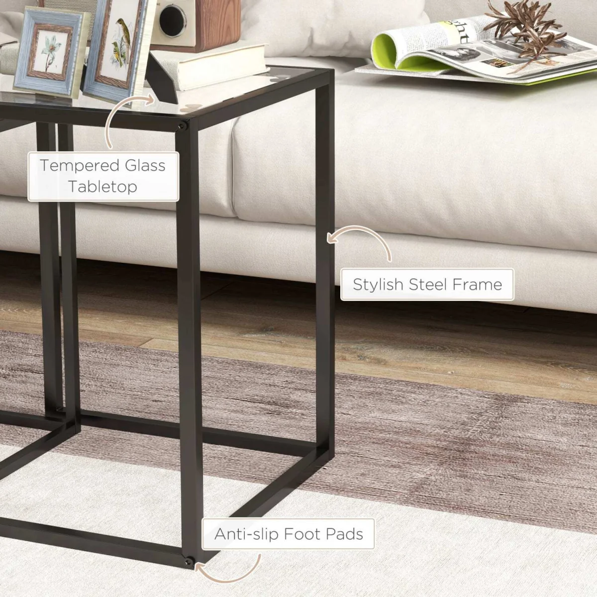 Riraro Set of 2 Black Nesting Side Tables with Glass Tops – image 6