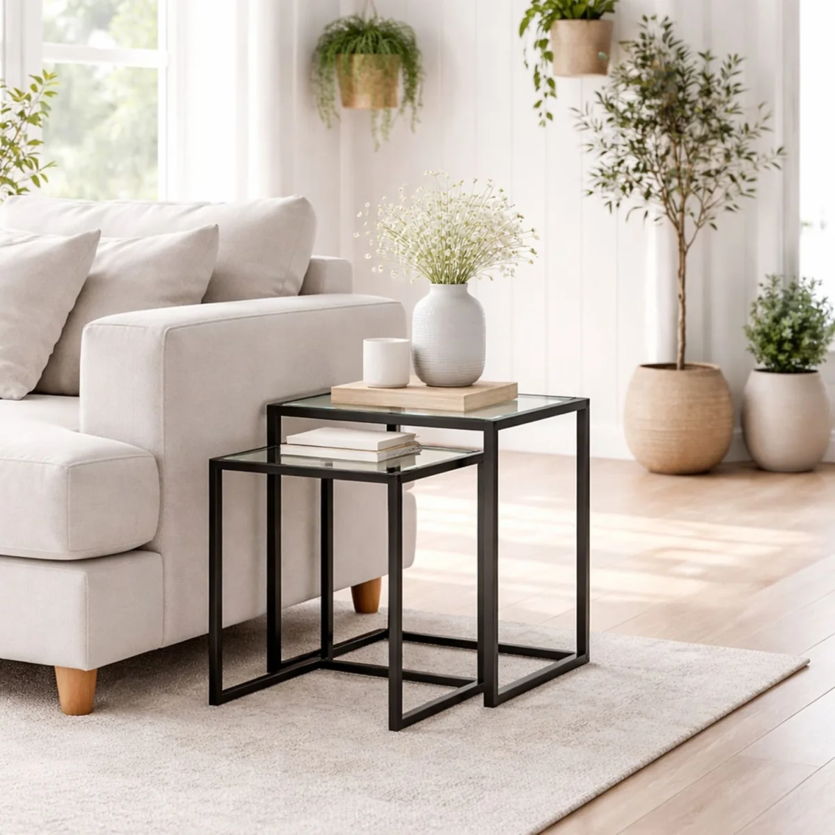 Riraro Set of 2 Black Nesting Side Tables with Glass Tops – image 1