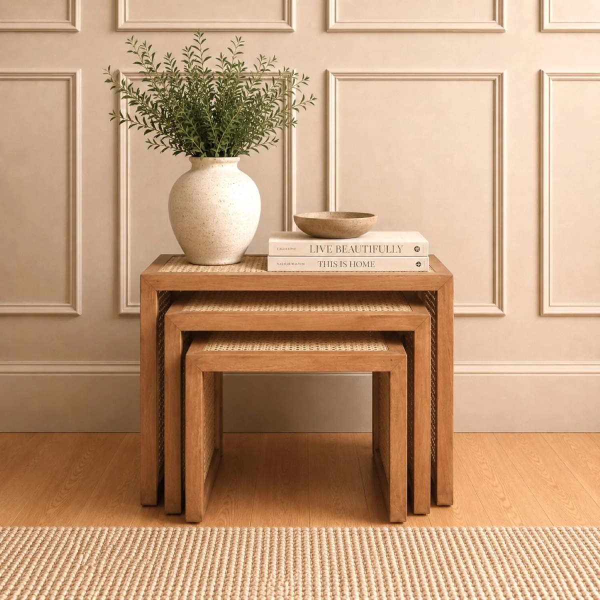 Set of 3 Solid Mango Wood Nesting Tables with Cane Detail - Light Oak – image 2