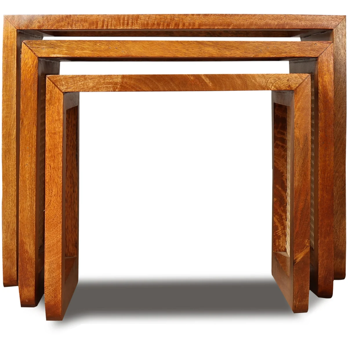Set of 3 Solid Mango Wood Nesting Tables with Cane Detail - Light Oak – image 3