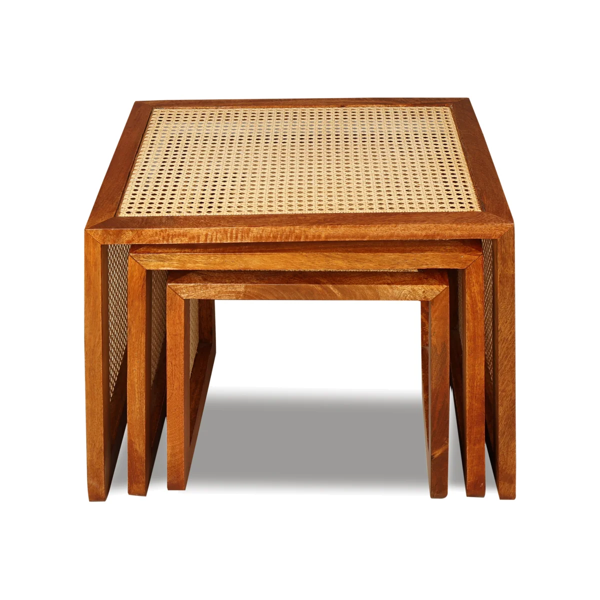 Set of 3 Solid Mango Wood Nesting Tables with Cane Detail - Light Oak – image 1