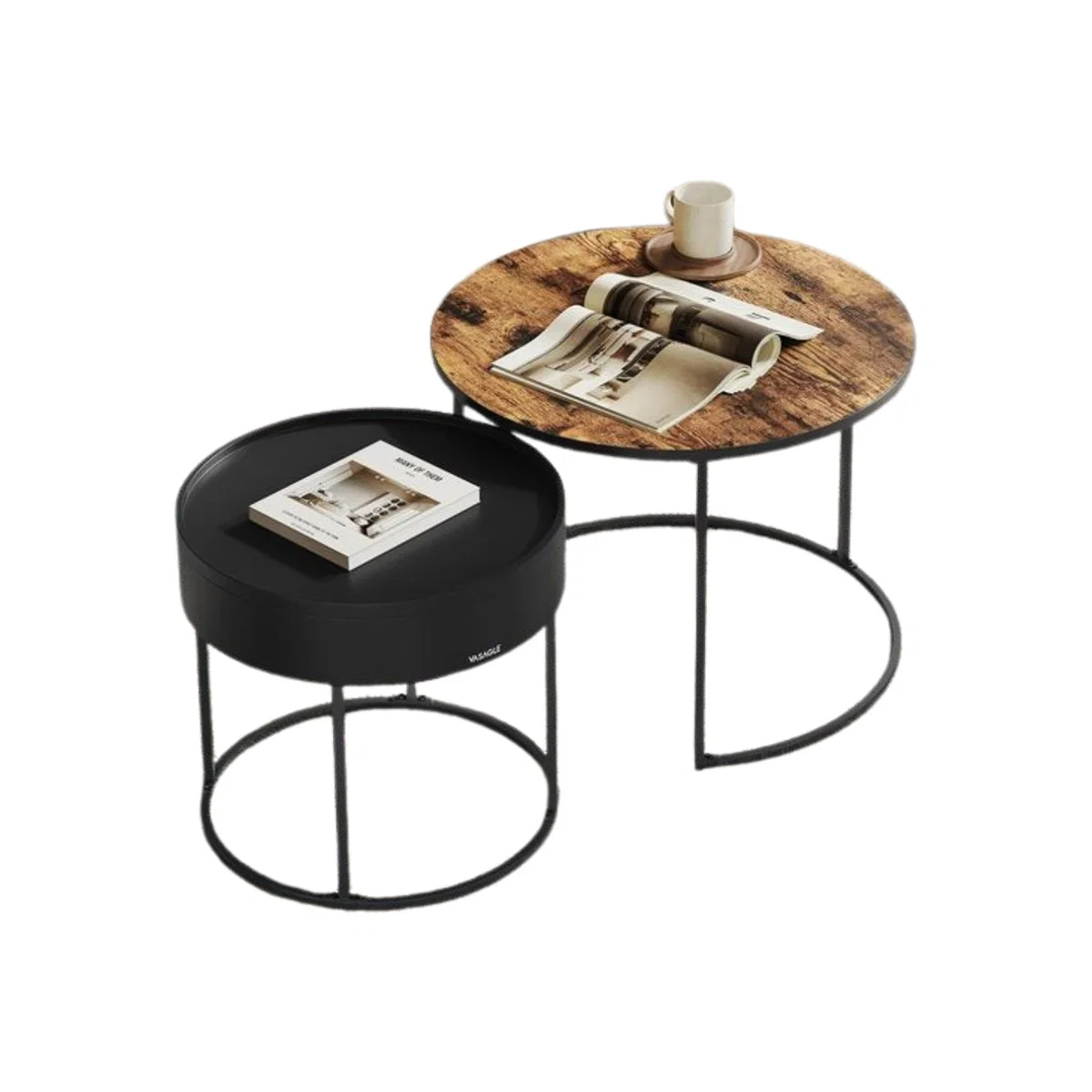 Set of 2 Industrial Round Nesting Tables - Rustic Brown