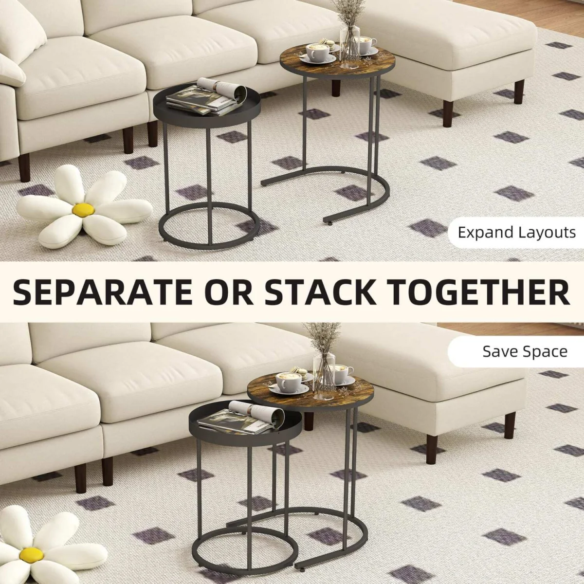 Renovi Set of 2 Industrial Metal and Wood Nesting Tables, Rustic Brown and Black – image 2