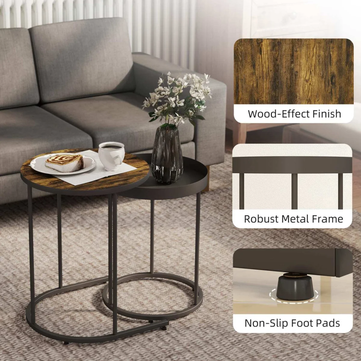 Renovi Set of 2 Industrial Metal and Wood Nesting Tables, Rustic Brown and Black – image 6