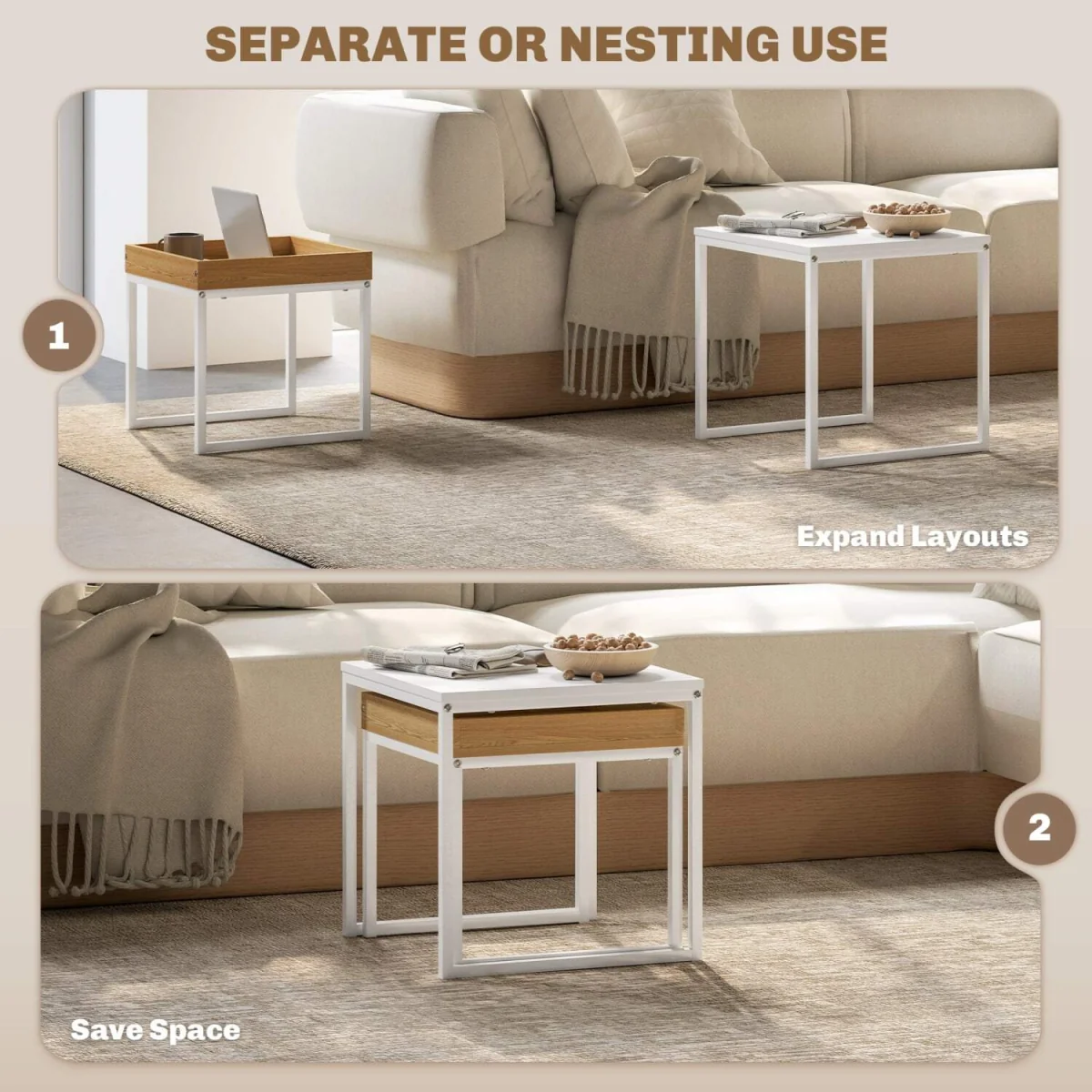 Sarela Set of 2 Boxy Nesting Tables - White and Wood-Effect – image 4