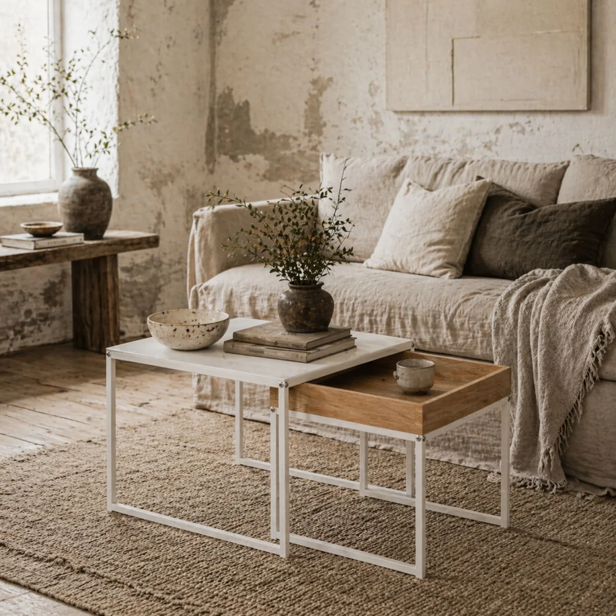 Sarela Set of 2 Boxy Nesting Tables - White and Wood-Effect – image 1