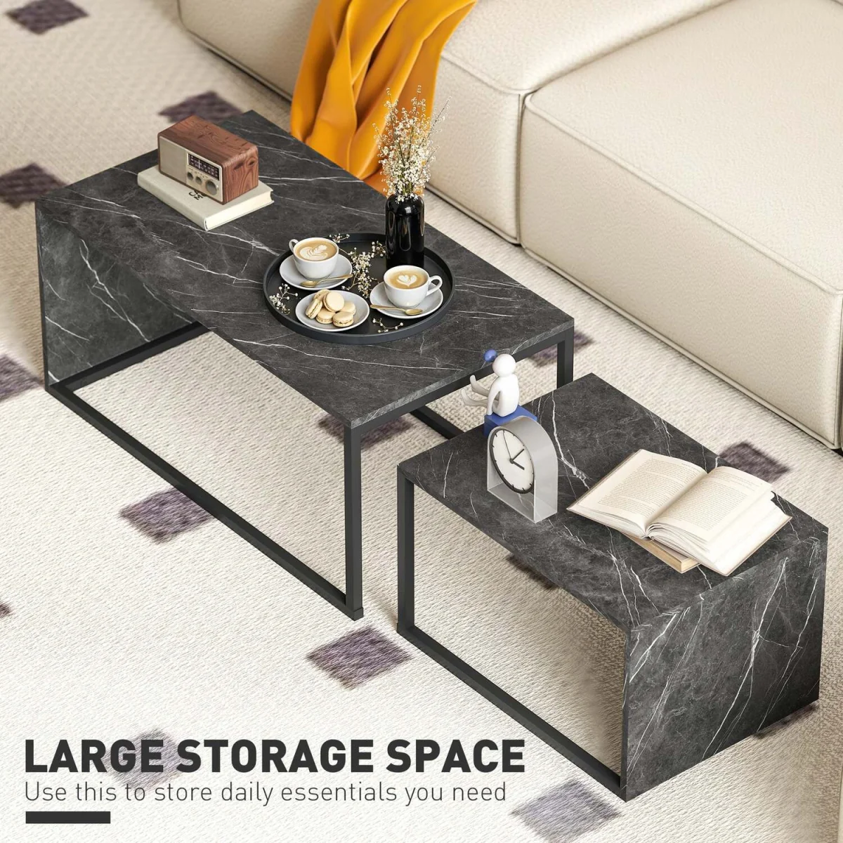 Vesu Metal and Dark Grey Marble-Effect Nesting Side Tables Set of 2 – image 2