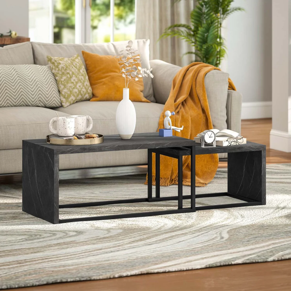 Vesu Metal and Dark Grey Marble-Effect Nesting Side Tables Set of 2 – image 3