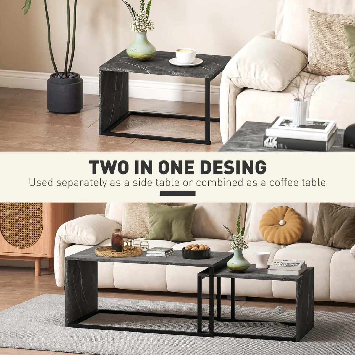 Vesu Metal and Dark Grey Marble-Effect Nesting Side Tables Set of 2 – image 6
