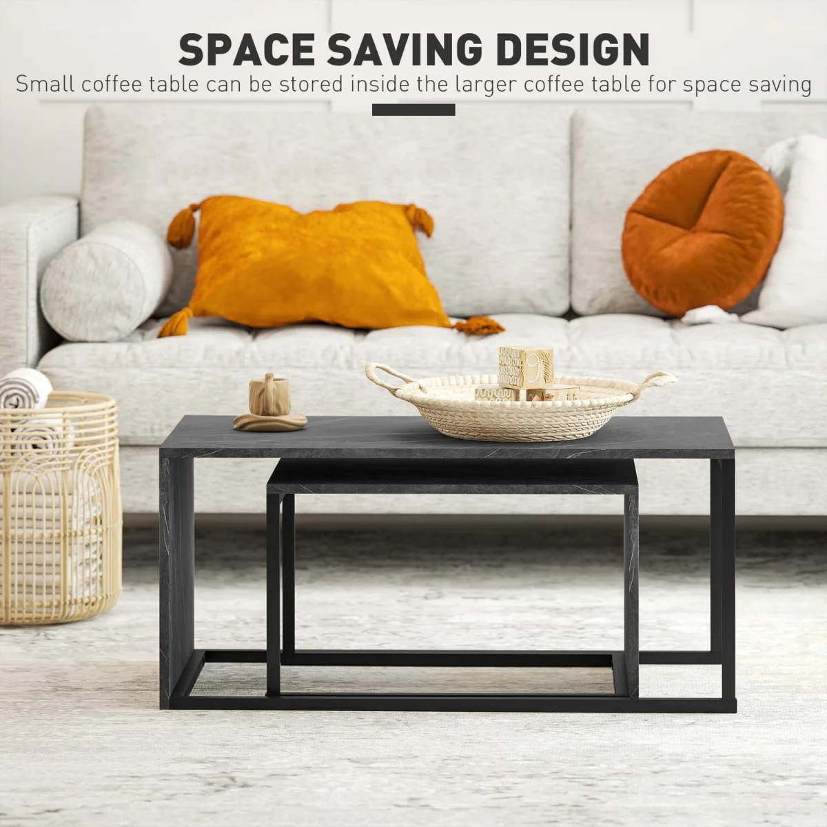 Vesu Metal and Dark Grey Marble-Effect Nesting Side Tables Set of 2 – image 7
