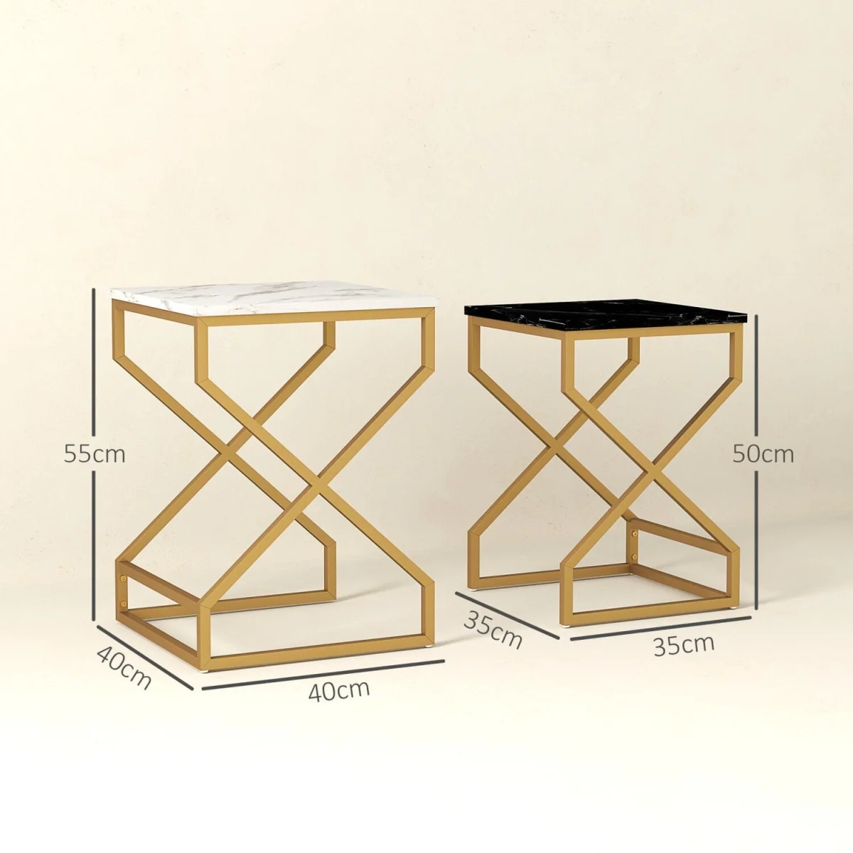 Revi Set of 2 Marble-Effect Nesting Side Tables, Gold Metal Legs – image 3