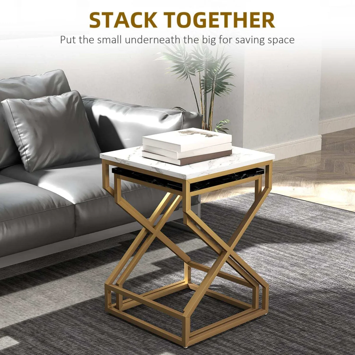 Revi Set of 2 Marble-Effect Nesting Side Tables, Gold Metal Legs – image 4