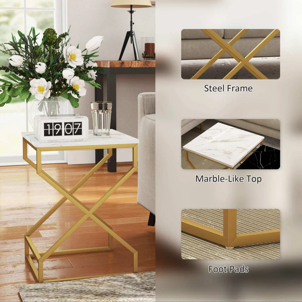 Revi Set of 2 Marble-Effect Nesting Side Tables, Gold Metal Legs – image 5
