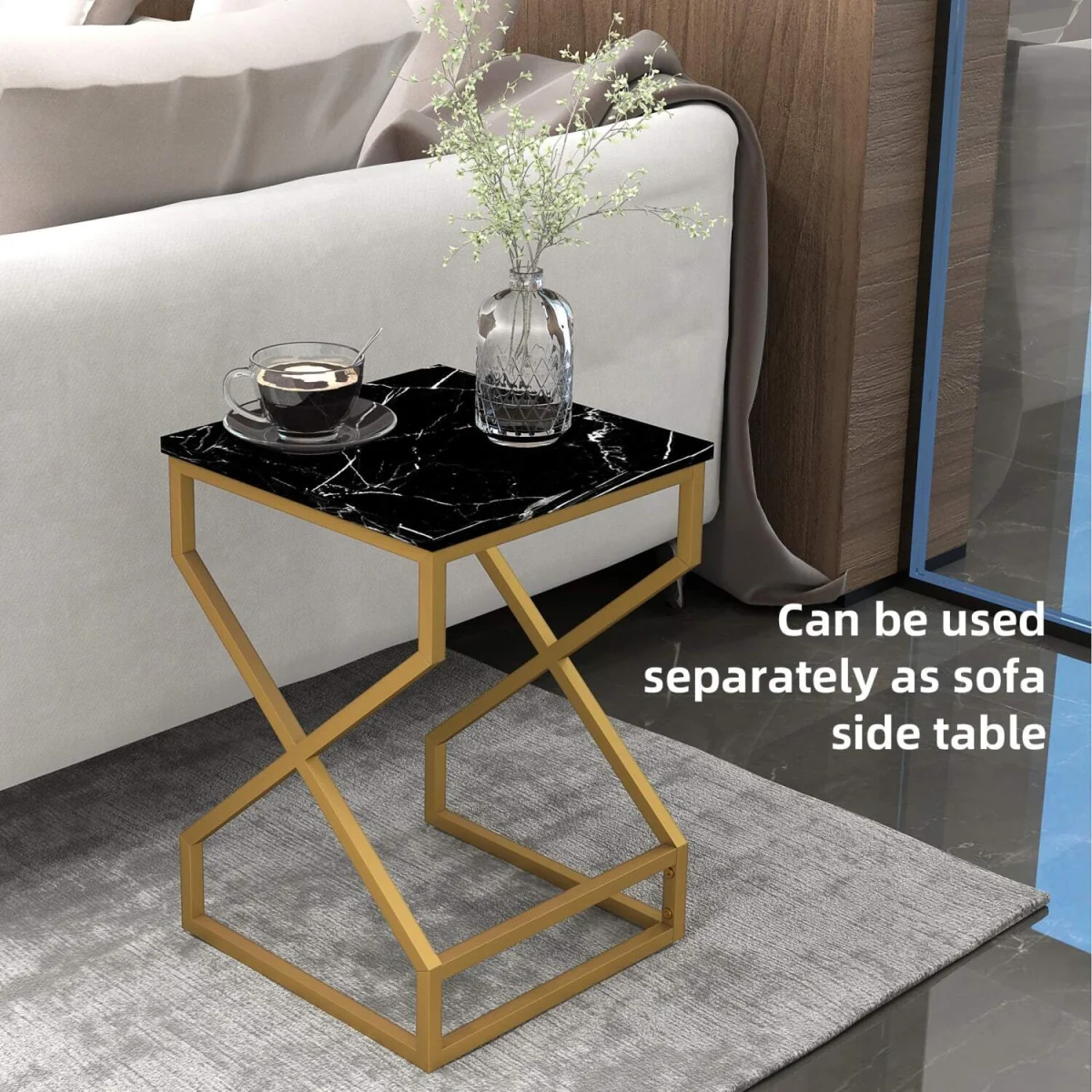 Revi Set of 2 Marble-Effect Nesting Side Tables, Gold Metal Legs – image 6