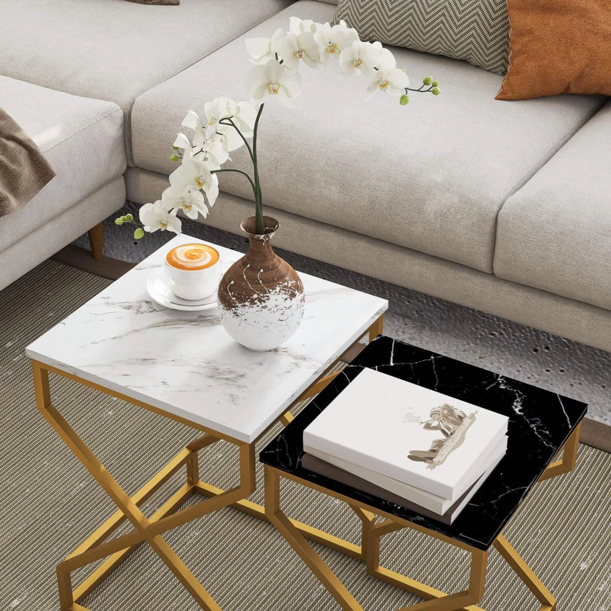 Revi Set of 2 Marble-Effect Nesting Side Tables, Gold Metal Legs – image 7