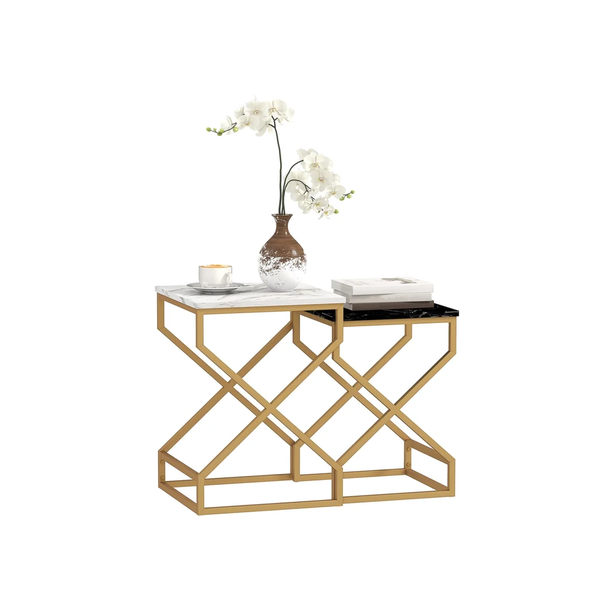 Revi Set of 2 Marble-Effect Nesting Side Tables, Gold Metal Legs – image 1