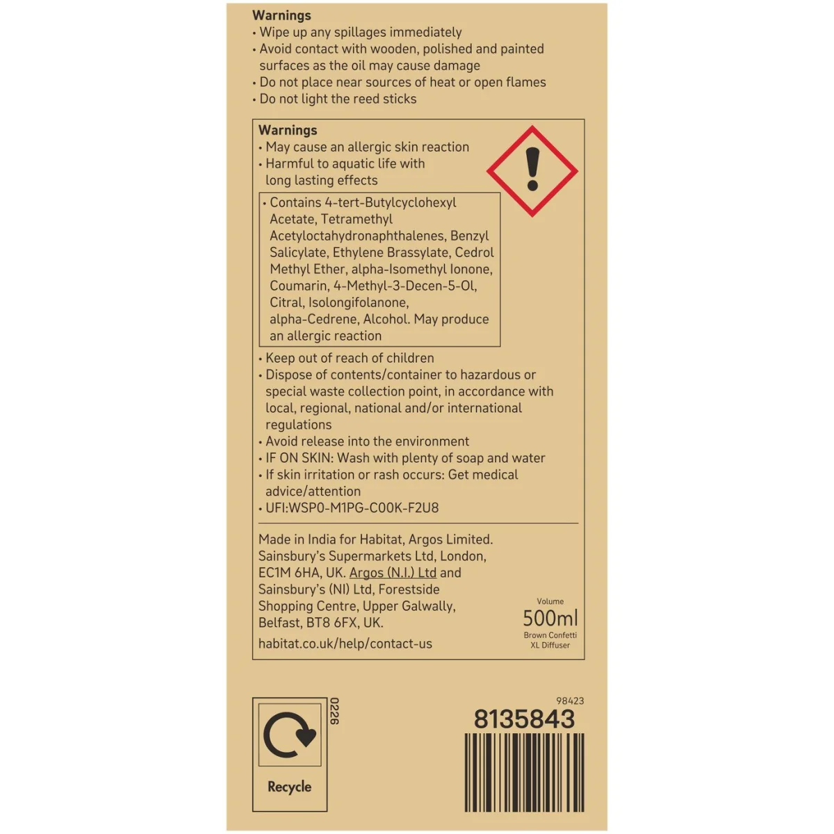 Habitat Brown Confetti 500ml XL Reed Diffuser - Autumn Spice – image 4